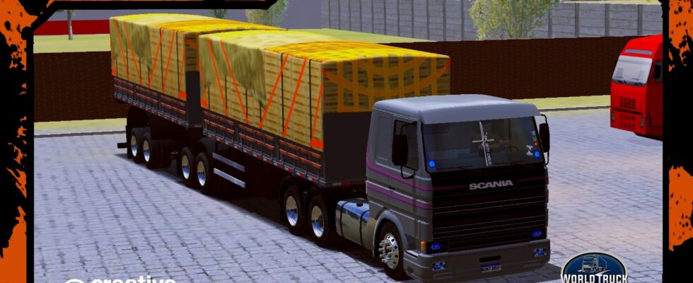 SKINS SCANIA FRONTAL – CINZA NO BITREM GRANELEIRO COM CARGA DE CAIXAS DE BANANA