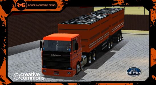 SKINS SCANIA FRONTAL – LARANJA NO BITREM GRANELEIRO TAMPA ALTA COM CARGA DE PNEUS