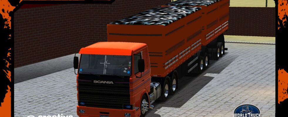 SKINS SCANIA FRONTAL – LARANJA NO BITREM GRANELEIRO TAMPA ALTA COM CARGA DE PNEUS